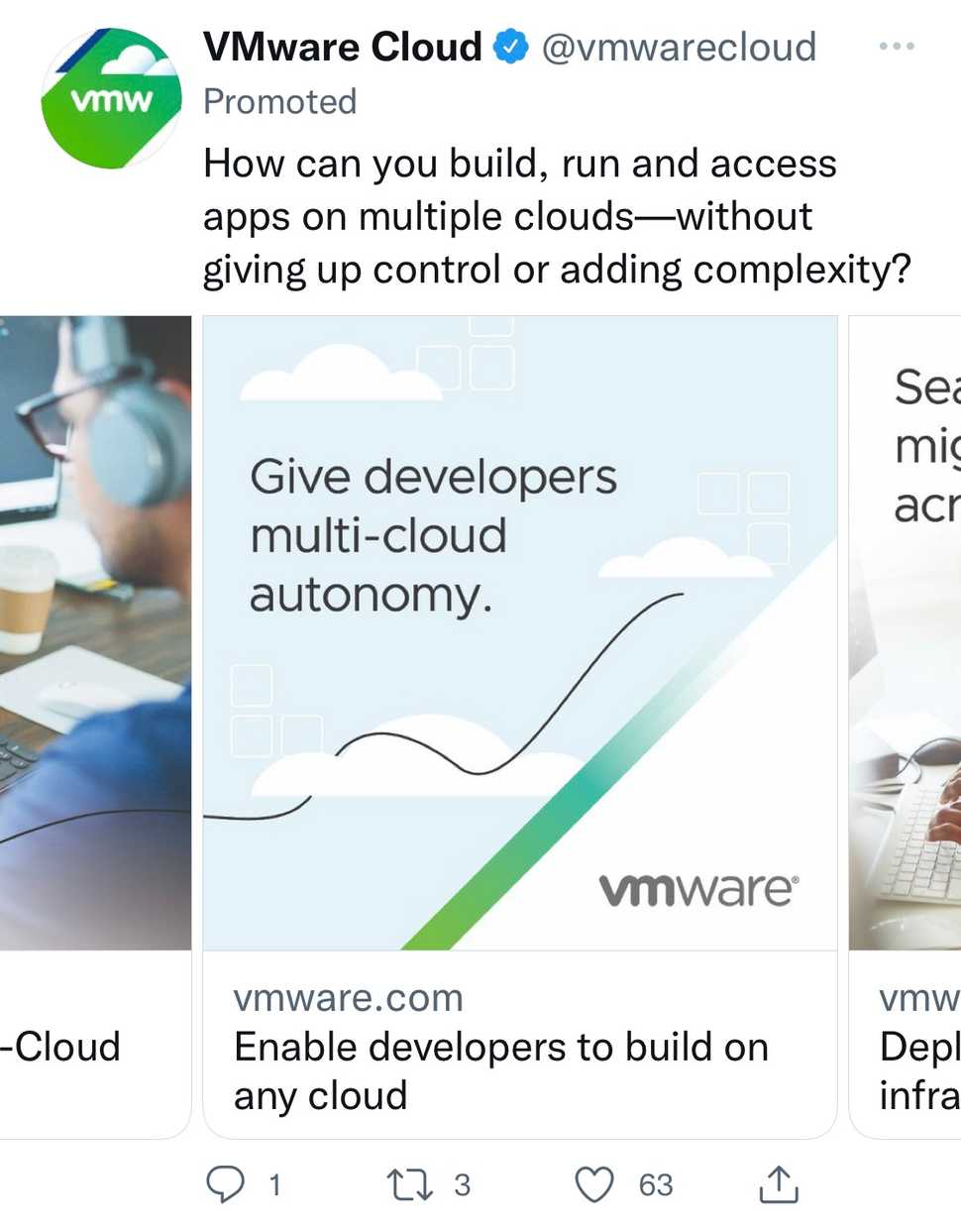 An image displaying a carousel ad for VMWare Cloud
