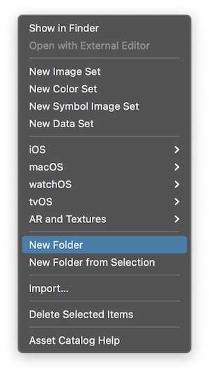 An image displaying a New Folder option when you right click inside of an empty asset catalog